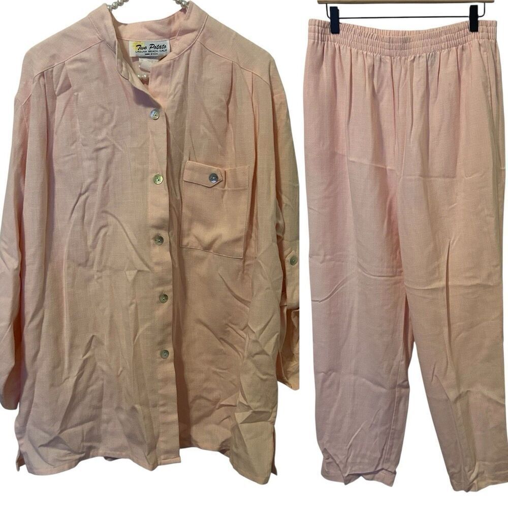 Vintage 70's Two Potato Of Laguna Beach Pink Top Pant Womens XL Coastal Linen